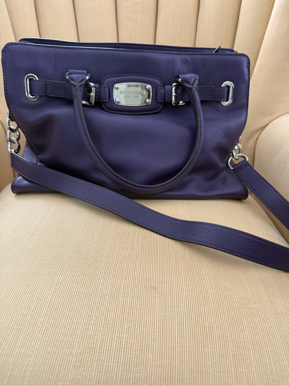 Michael Kors Plum Purple Leather Shoulder Satchel with Silver Hardware